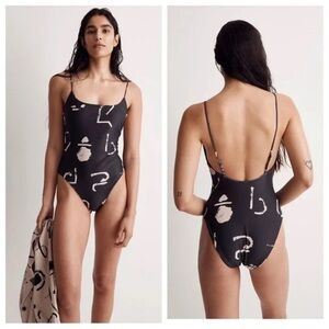 Madewell NWT Scoop Neck One Piece Swimsuit Size XXL in Abstract Doodle in Black